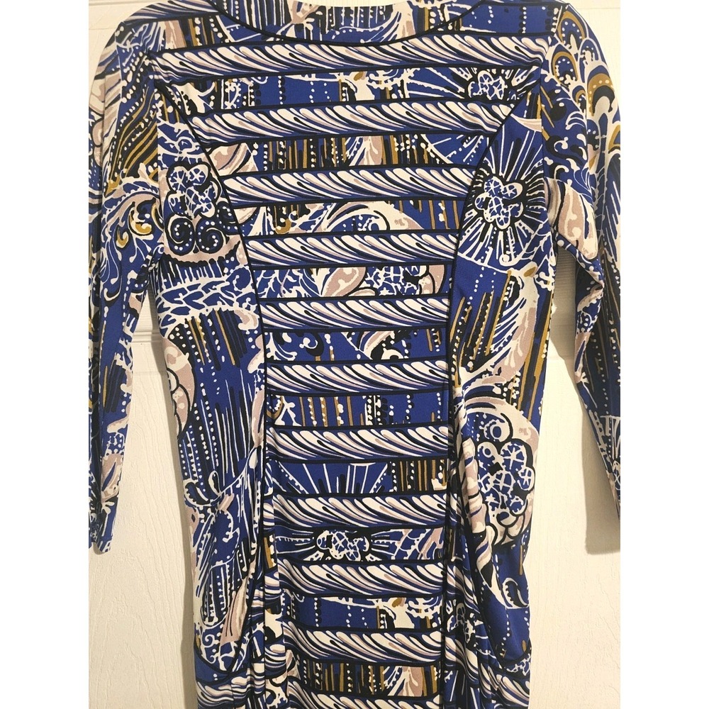BCBG MaxAzria Dress Size Small Blue Printed Paneled Formal Sheath 3/4 Sleeves - Picture 10 of 10